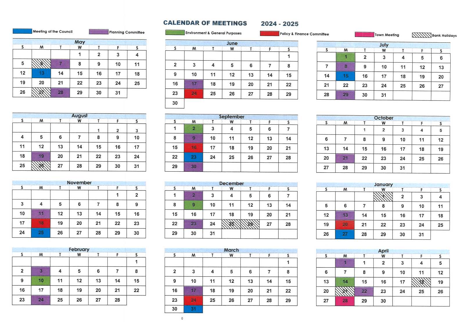 Calendar of Council Meetings for the year 2024-2025