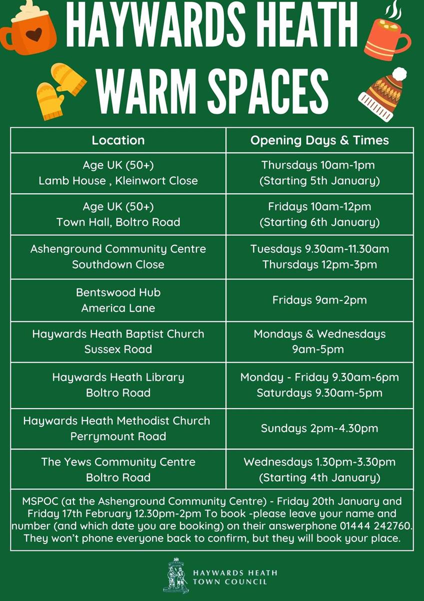 Poster listing the Warm Spaces in Haywards Heath