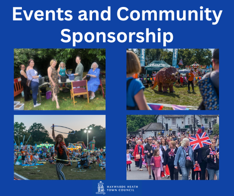 Events and community sponsorship as written title, with 4 photos underneath, showing town day, spring festival, community carols and a carers event. 