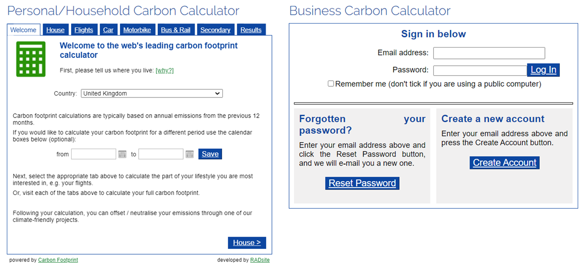 picture of Personal & Business Carbon Calculators on Environment Page