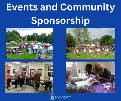 Events and community sponsorship as written title, with 4 photos underneath, showing town day, spring festival, community carols and a carers event. 